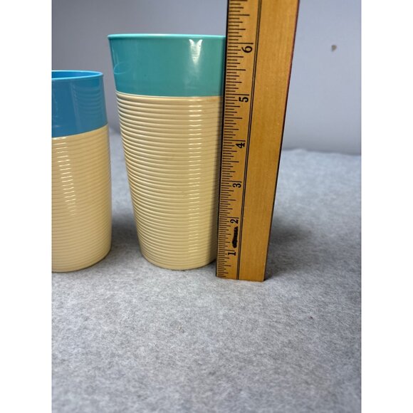 Retro 1960s Raffiaware Thermo-Temp Ribbed Tumblers & Mug Set Teal Cream Thermopl - Picture 5 of 8